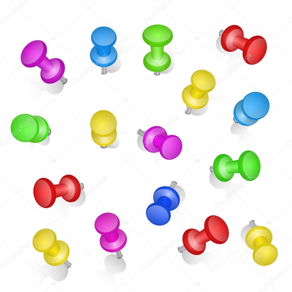 Set of push pins in different colors. Thumbtacks. Top view. Vector illustration. Isolated on white background. Set