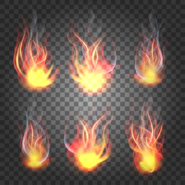 Parlak gerçekçi yangın alevleri damalı vektör arka plan üzerinde izole saydamlık içeren kümesi. Tasarım ve dekorasyon için özel ışık efektleri koleksiyonu