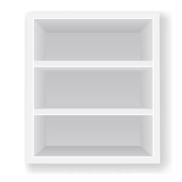 Exhibiciones vacías largas blancas del escaparate en blanco con los estantes al por menor Productos 3D de la vista delantera en fondo blanco aislados. Listo para tu diseño. Embalaje del producto. Vector EPS10 — Archivo Imágenes Vectoriales