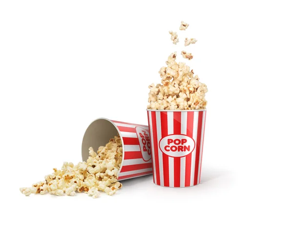 Popcorn in striped bucket on white background — Stock Photo, Image