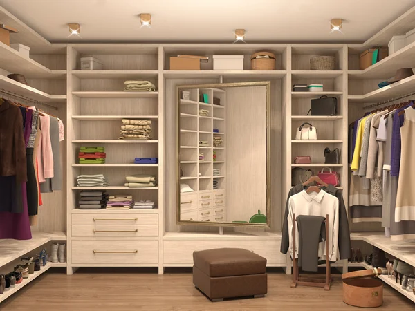 Weiß, Ankleideraum, Innenraum eines modernen Hauses. 3D-Illustrationen — Stockfoto