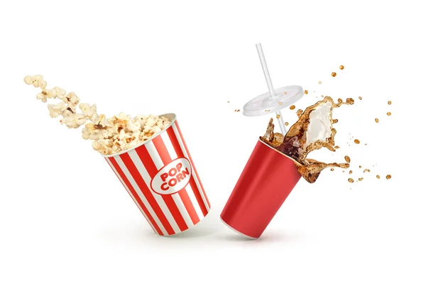 Red Paper cup with cola splash and falling Popcorn in box isolat — Stock Photo, Image