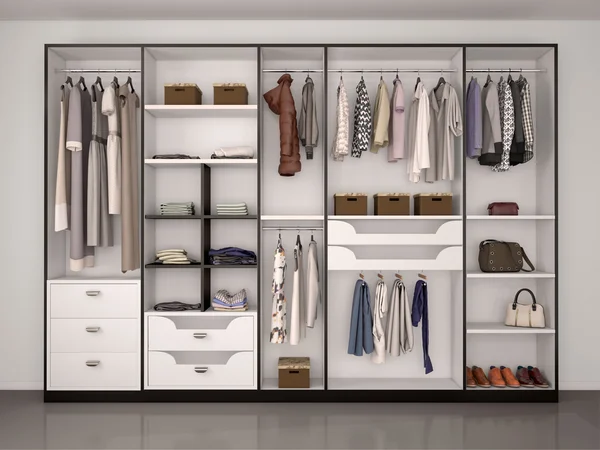 Black and white wardrobe closet full of different things. 3d ill — Stock Photo, Image