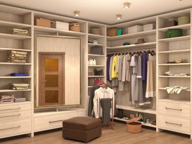 Beyaz, soyunma odası, modern bir ev iç. 3D illustratio