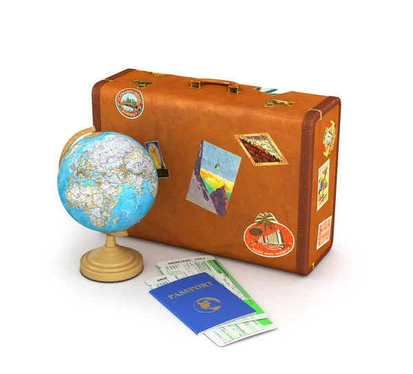Концепция путешествия. Чемодан для путешествий. Глобус, паспорт и билеты — стоковое фото