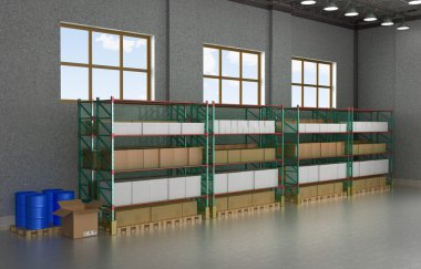 Depolama alanı için raflar dolu. 3D çizim