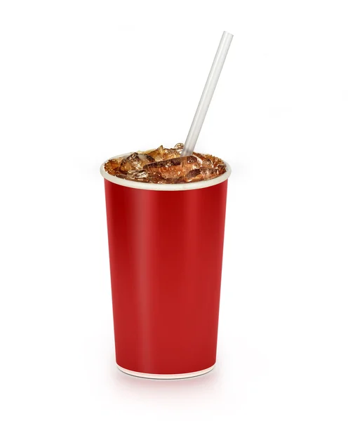 Cola con hielo y paja en llevar taza roja aislada en blanco b — Foto de Stock