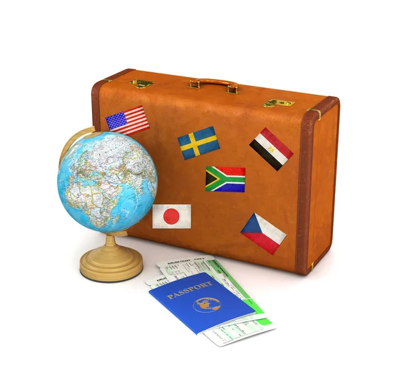 Concept travel. Suitcase for travel. Globe, passport and tickets — Stock Photo, Image