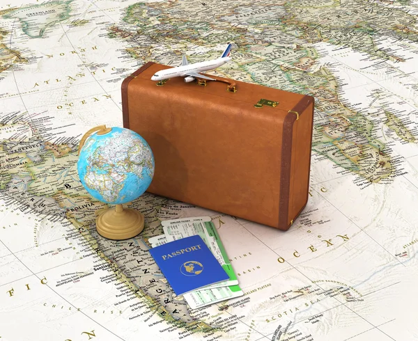 Travel concept. Suitcase for travel. Globe, passport with ticket — Stock Photo, Image