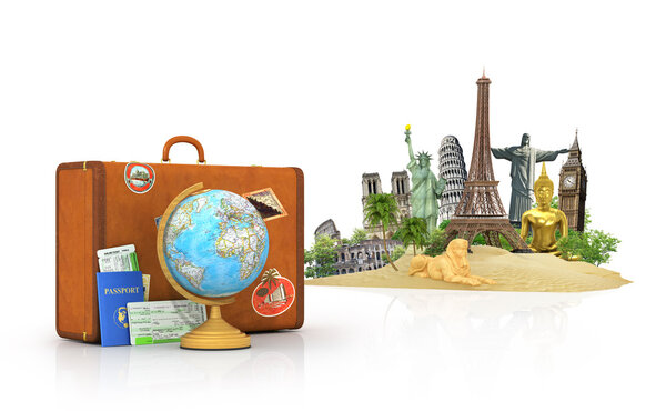 Travel concept. Attractions of the world. Suitcase for travel. G