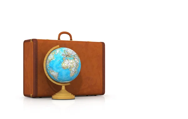 Suitcase for travel. World Globe beside a suitcase isolated on w — Stock Photo, Image