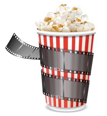 kağıt torba patlamış mısır ve film reel vektör çizim isolat ile