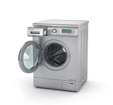 Modern çamaşır makinesi metalik renkte açıldı. 3D çizim
