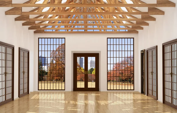 Loft Interieur große Halle mit Spiegel, große Fenster und Türen, Holzrahmen an der Decke. 3D-Abbildungen — Stockfoto