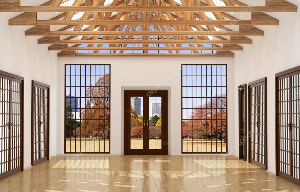 Soppalco interno sala grande con specchio, grandi finestre e porte ... Struttura soppalco in legno
