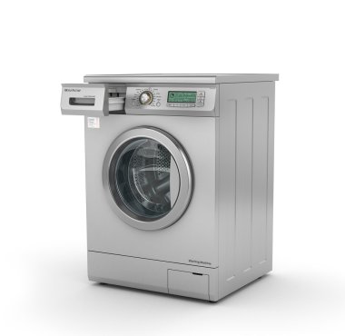 Modern çamaşır makinesi metalik renkte açıldı. 3D çizim
