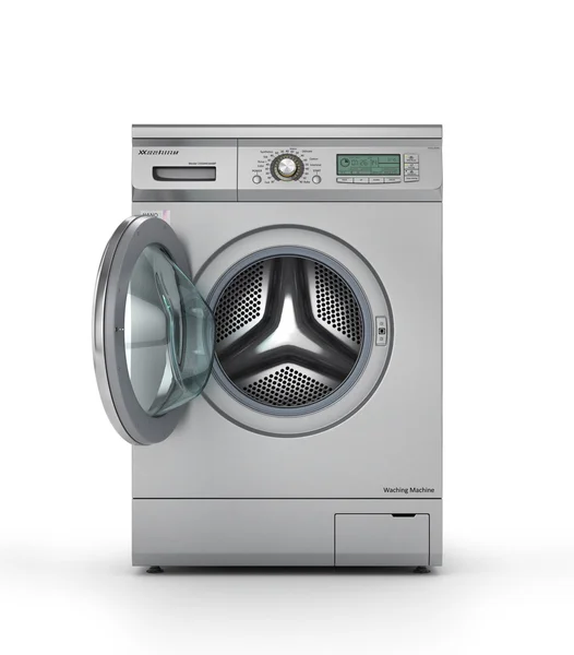 Máquina de lavar roupa moderna aberta na cor metálica. ilustração 3d — Fotografia de Stock