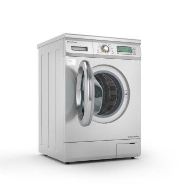 Modern çamaşır makinesi metalik renkte açıldı. 3D çizim