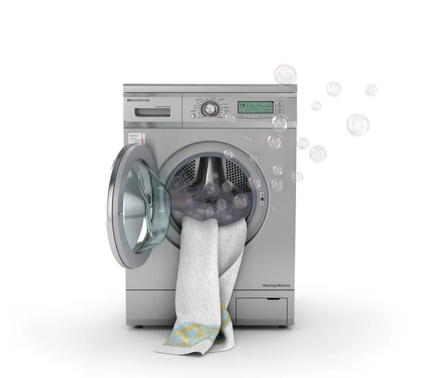 Koncept praní. Bílý ručník spočívá v pračce otevřené — Stock fotografie