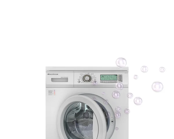 Концепція прання. Бульбашки, що літають з відкритого прального мака — стокове фото