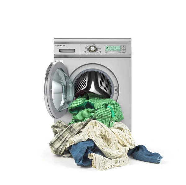 Kleding vallen uit de wasmachine geïsoleerd op witte bac — Stockfoto