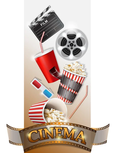 Cartel concepto cine con palomitas de maíz, tira de película y entradas , — Vector de stock