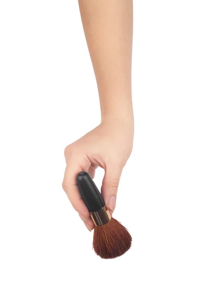 Professioneel make-up borstel in vrouwelijke hand schoonheidsspecialiste geïsoleerd op cosmetische, witte achtergrond — Stockfoto