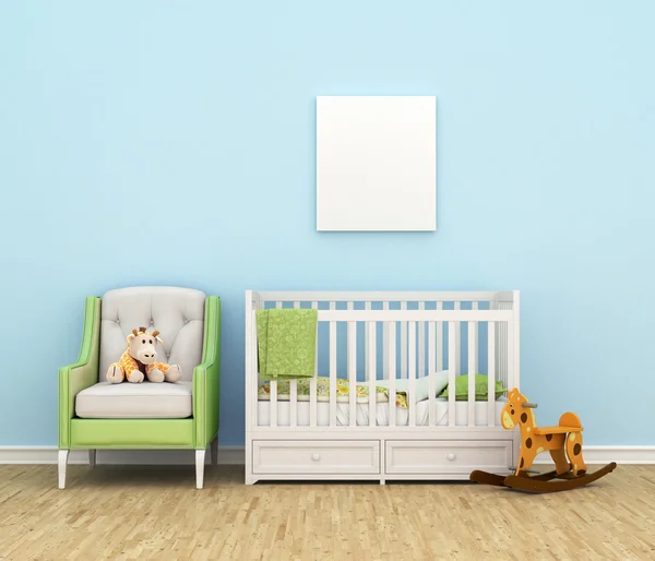 Met een bed, sofa, speelgoed, leeg wit schilderij voor kinderkamer — Stockfoto