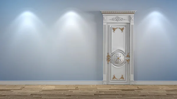 Puerta clásica de madera blanca en la pared de luz con luces ies — Foto de Stock