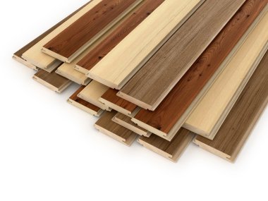 Beyaz bir arka plan üzerinde küme laminat plakalar. 3D çizim