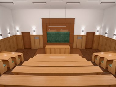 An empty modern lecture style university classroom. 3d illustrat clipart