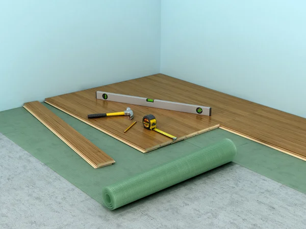 Proces układania podłogi w pokoju. 3D illustra — Zdjęcie stockowe