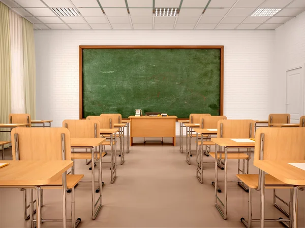 Sala de aula vazia brilhante para aulas e treinamento. ilustração 3d — Fotografia de Stock