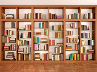 Wooden and glass shelves with different books. Library. 3d illus clipart