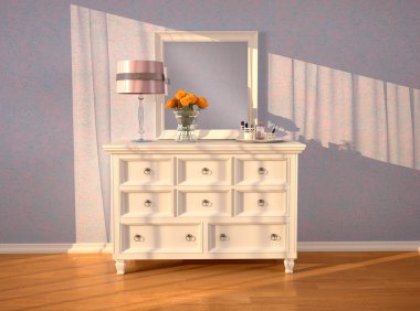 White dresser with a mirror in the interior. 3d illustration. clipart