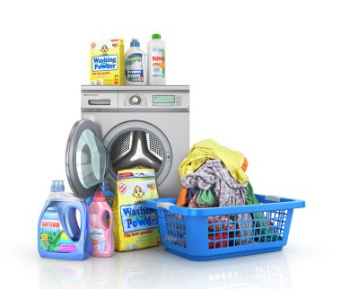 Concept of big washing. Set of bottles of detergents and washing clipart