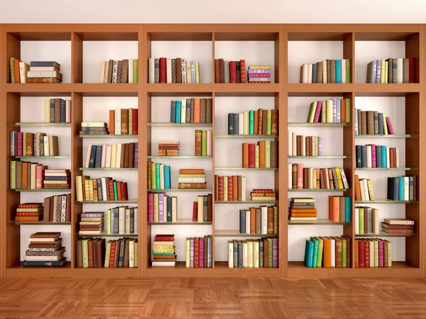 Estantes de madera y vidrio con diferentes libros. Biblioteca. 3d illus —  Fotos de Stock