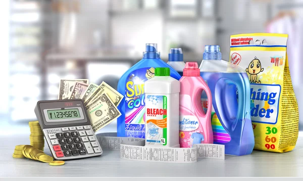 Economia em detergentes. Conjunto de garrafas de detergentes e lavagens — Fotografia de Stock