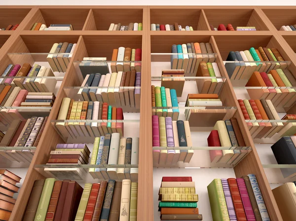 Wooden and glass shelves with different books. Library. 3d illus — Stock Photo, Image