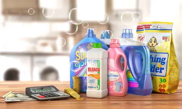 Economia em detergentes. Conjunto de garrafas de detergentes e lavagens — Fotografia de Stock
