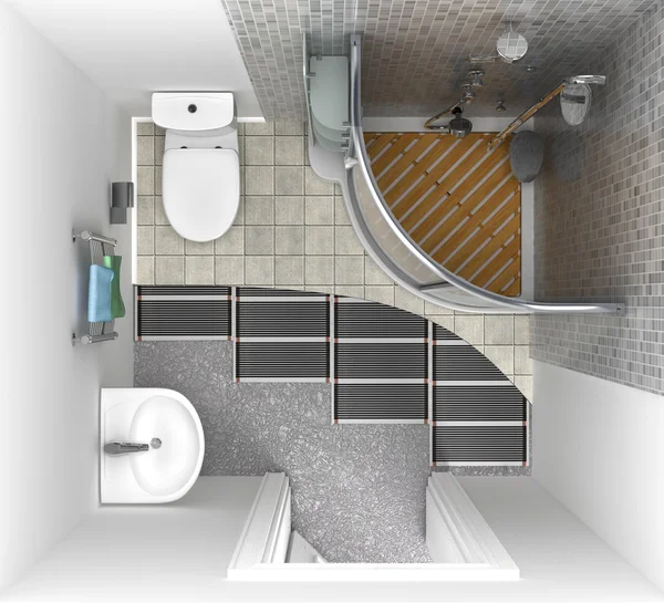 Vloerverwarming in de badkamer, bovenaanzicht. 3D illustratie — Stockfoto