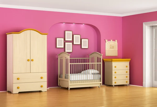 Children's room in red and pink tones with furniture. Kids for g — Stock Photo, Image