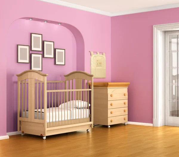 Quarto infantil em tons vermelhos e rosa com mobiliário. 3d illustr — Fotografia de Stock