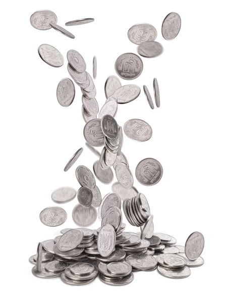 Haufen Silbermünzen fallen zu Boden — Stockfoto