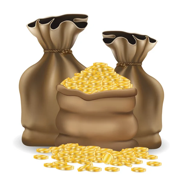 Bolsa marrón llena de monedas de oro. Ilustración en formato vectorial — Vector de stock