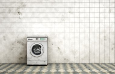 Kirli çamaşır makinesi grunge tarzı kirli boş odada. T