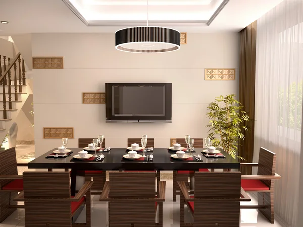 Sebuah ruang makan mewah dengan meja dan kursi diatur untuk makan. 3d — Stok Foto
