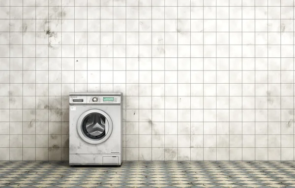 Dirty washing machine in the empty dirty room in grunge style. T — Stock Photo, Image