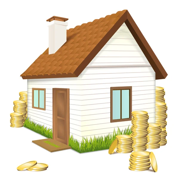 Concept of property value, house and coins isolated on a white b — Stock Vector