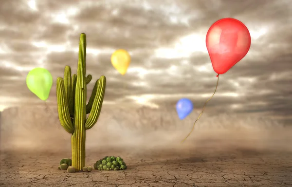 Concetto di pericolo. Bolle di sapone che volano vicino al cactus su un dese — Foto Stock